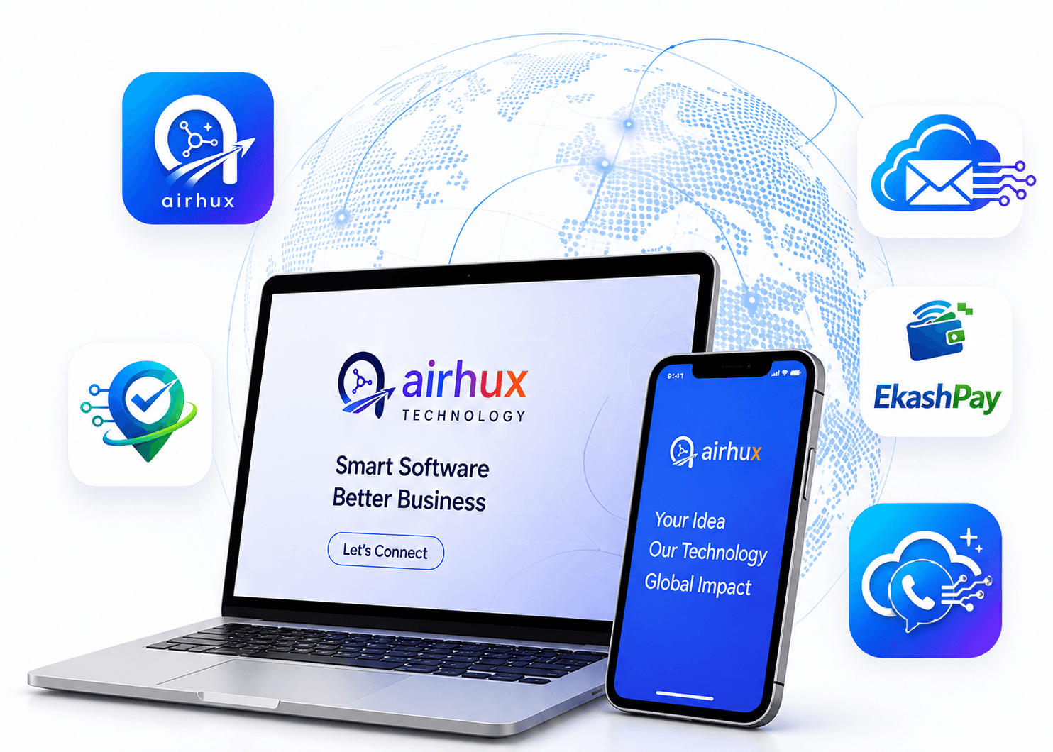 A laptop and phone showing Airhux Technology's “Smart Software, Better Business” message, ringed by the product marks for airhux, DISPUX, Airhux EPS, EkashPay and airhux VoIP AI